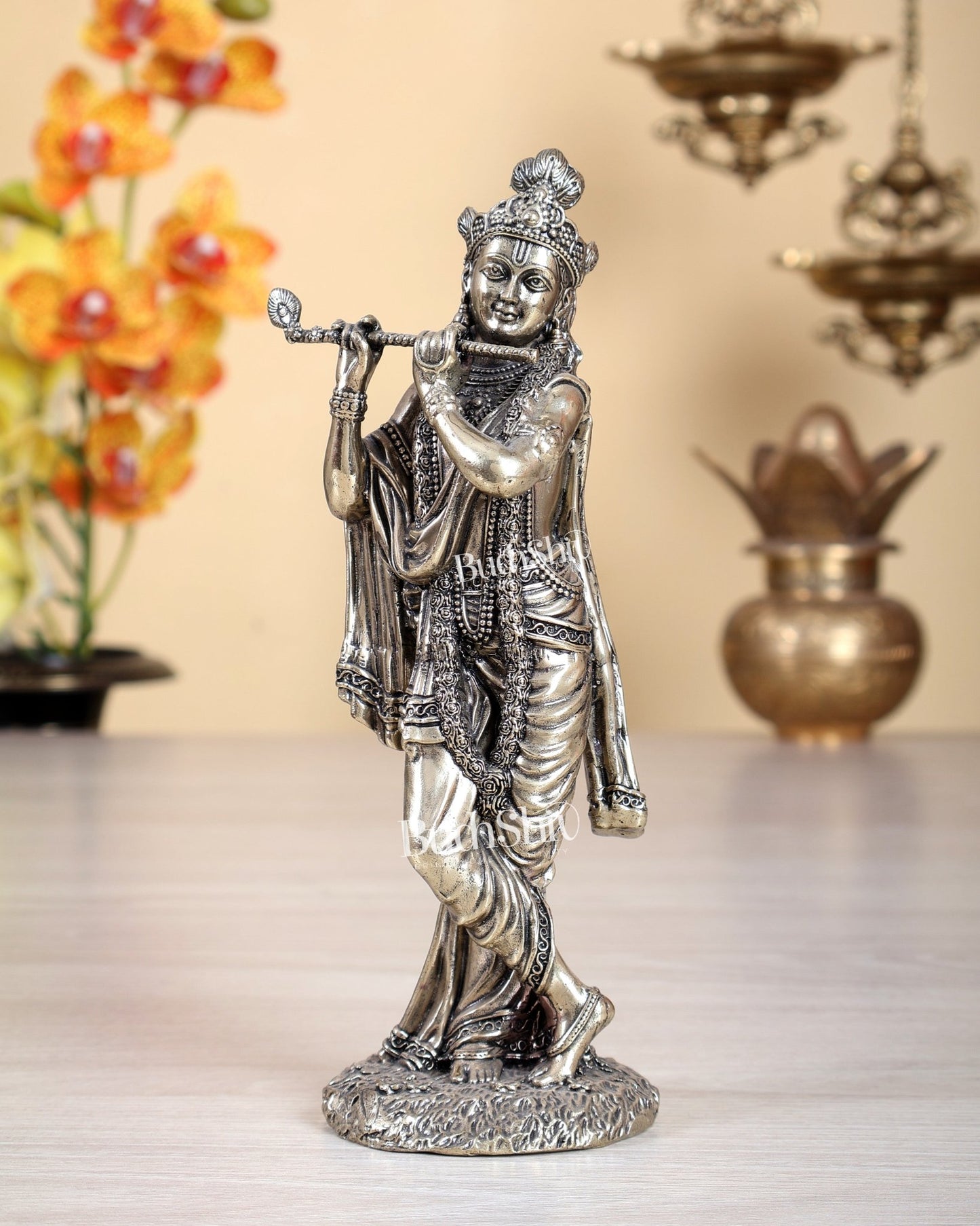 Superfine Brass Mathura Krishna Intricate Idol 10" - Budhshiv.com