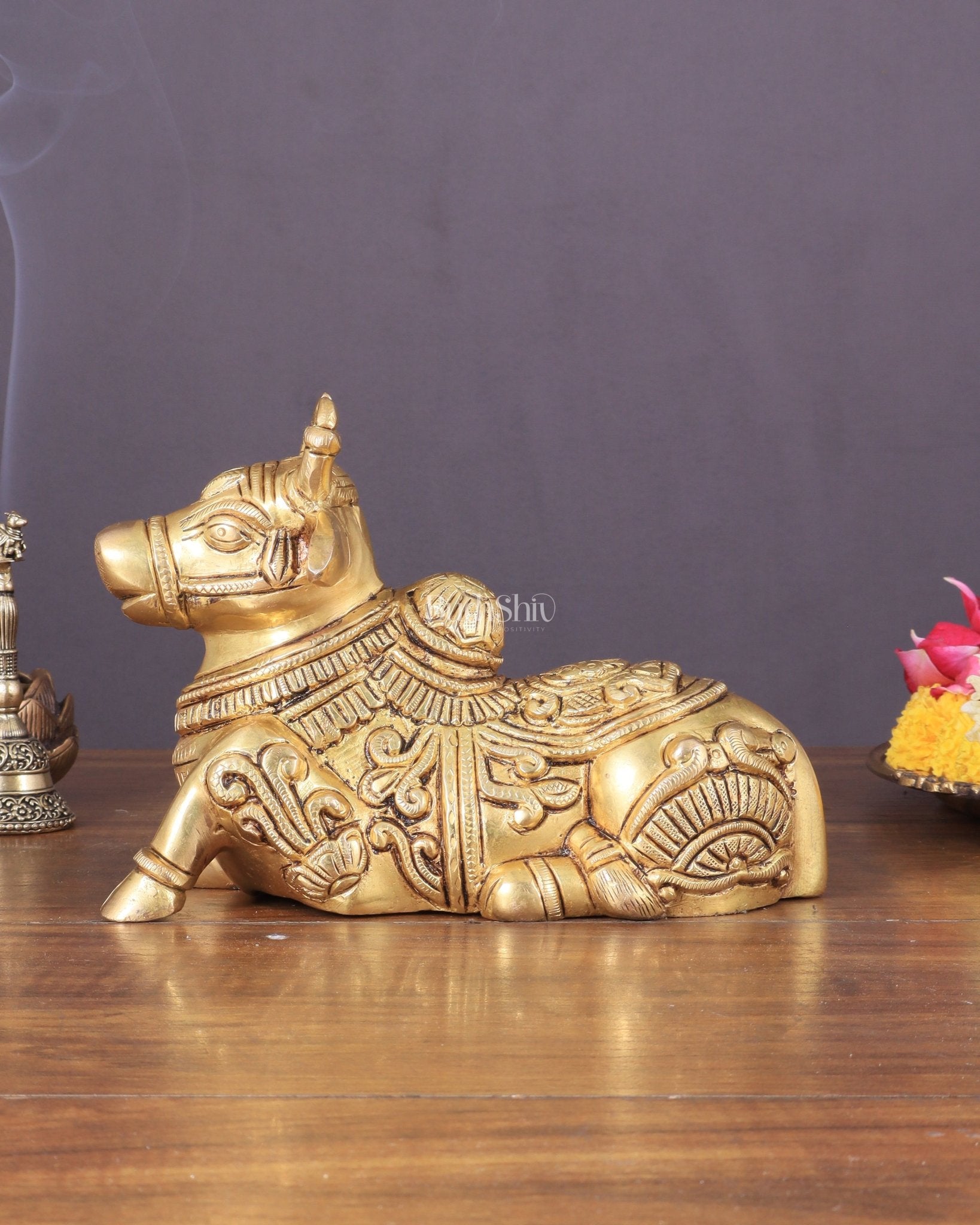 Superfine Brass Nandi engraved 8" wide - Budhshiv.com
