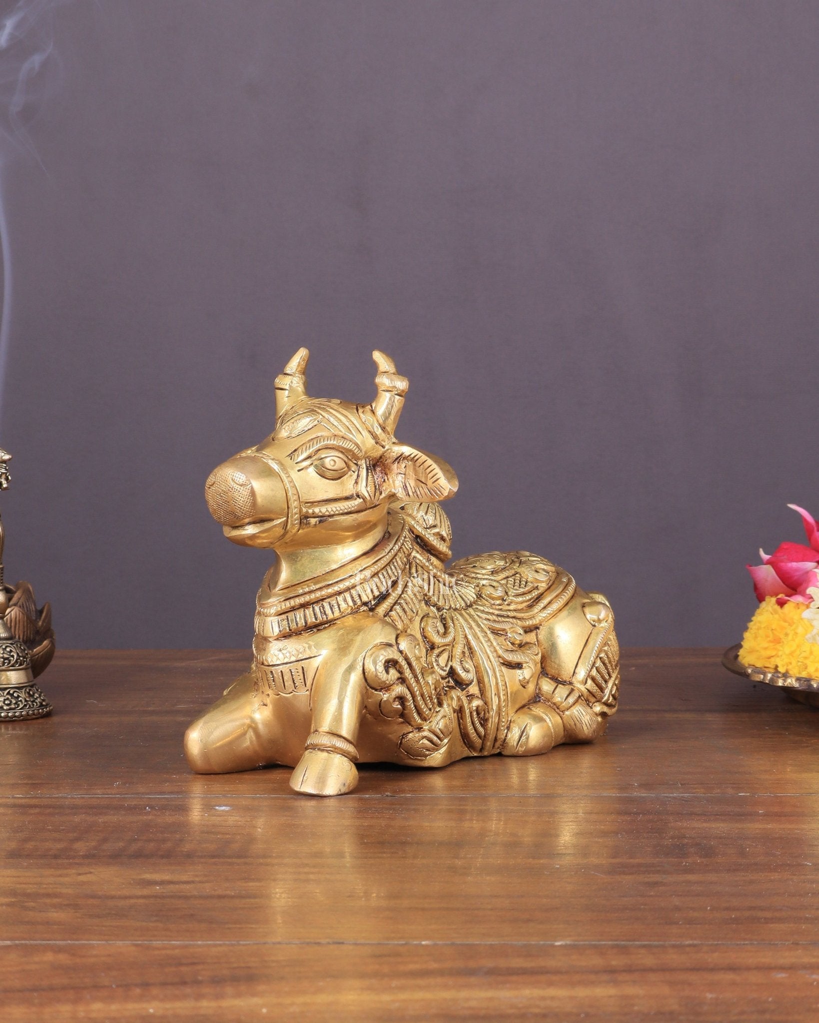 Superfine Brass Nandi engraved 8" wide - Budhshiv.com