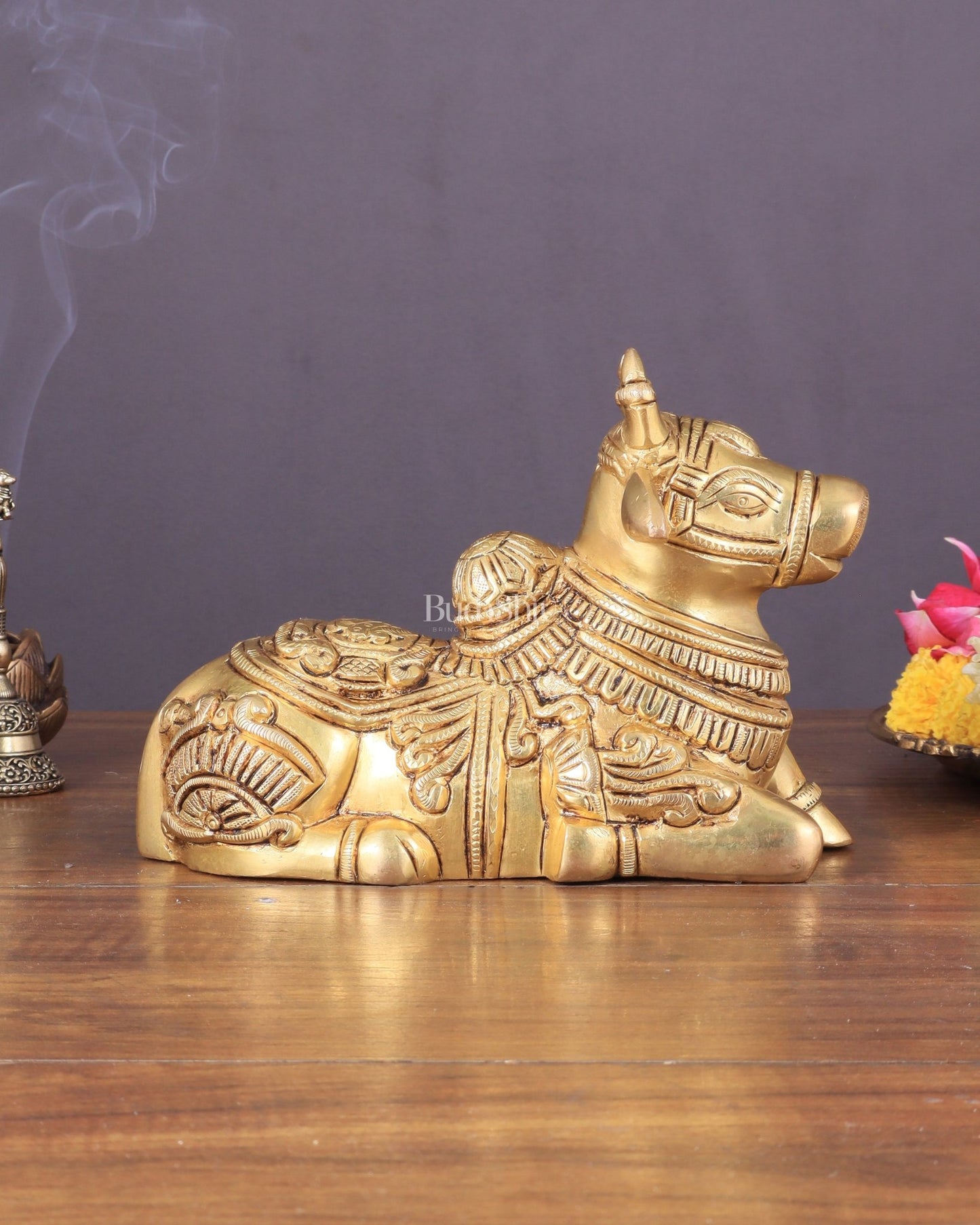 Superfine Brass Nandi engraved 8" wide - Budhshiv.com