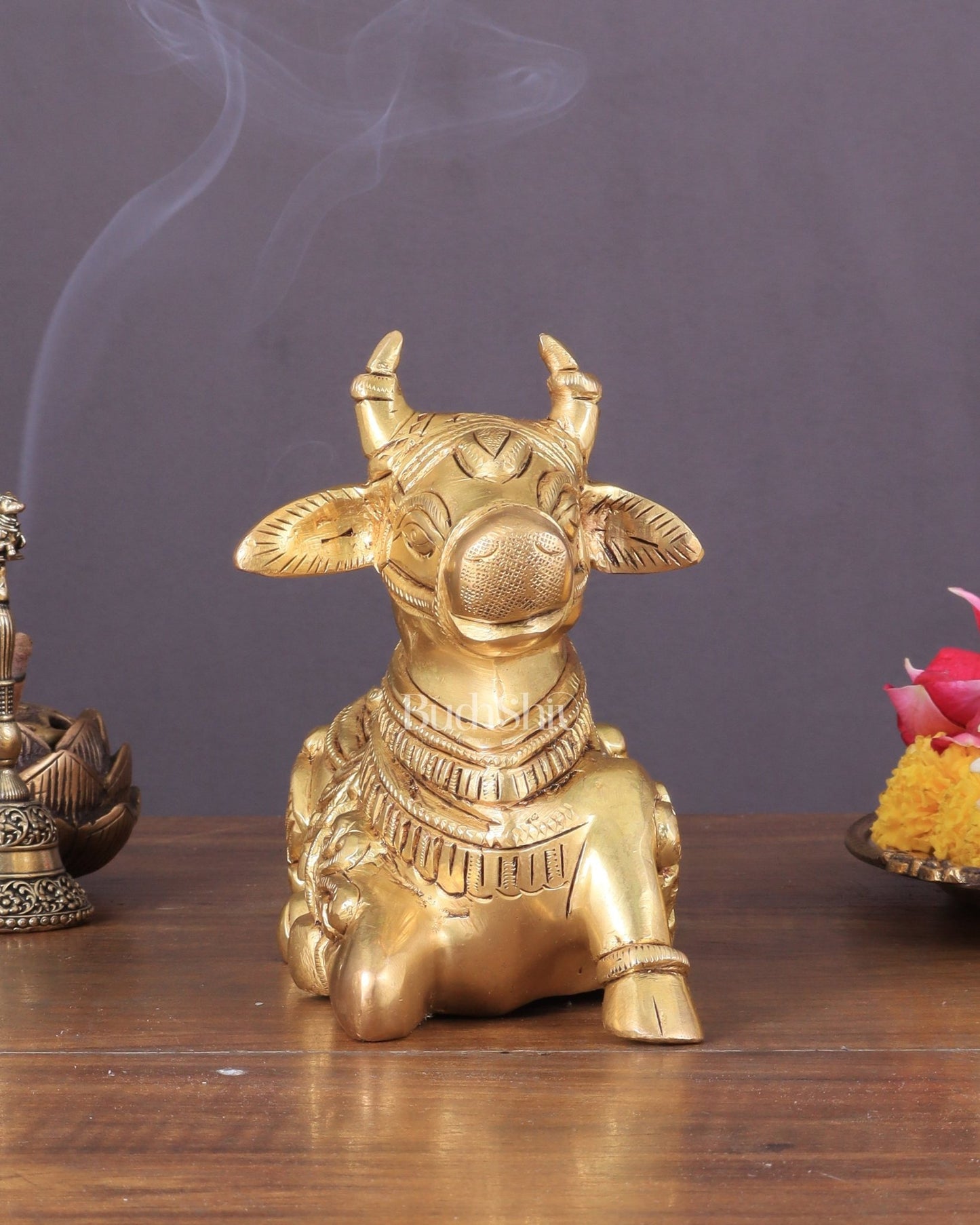 Superfine Brass Nandi engraved 8" wide - Budhshiv.com