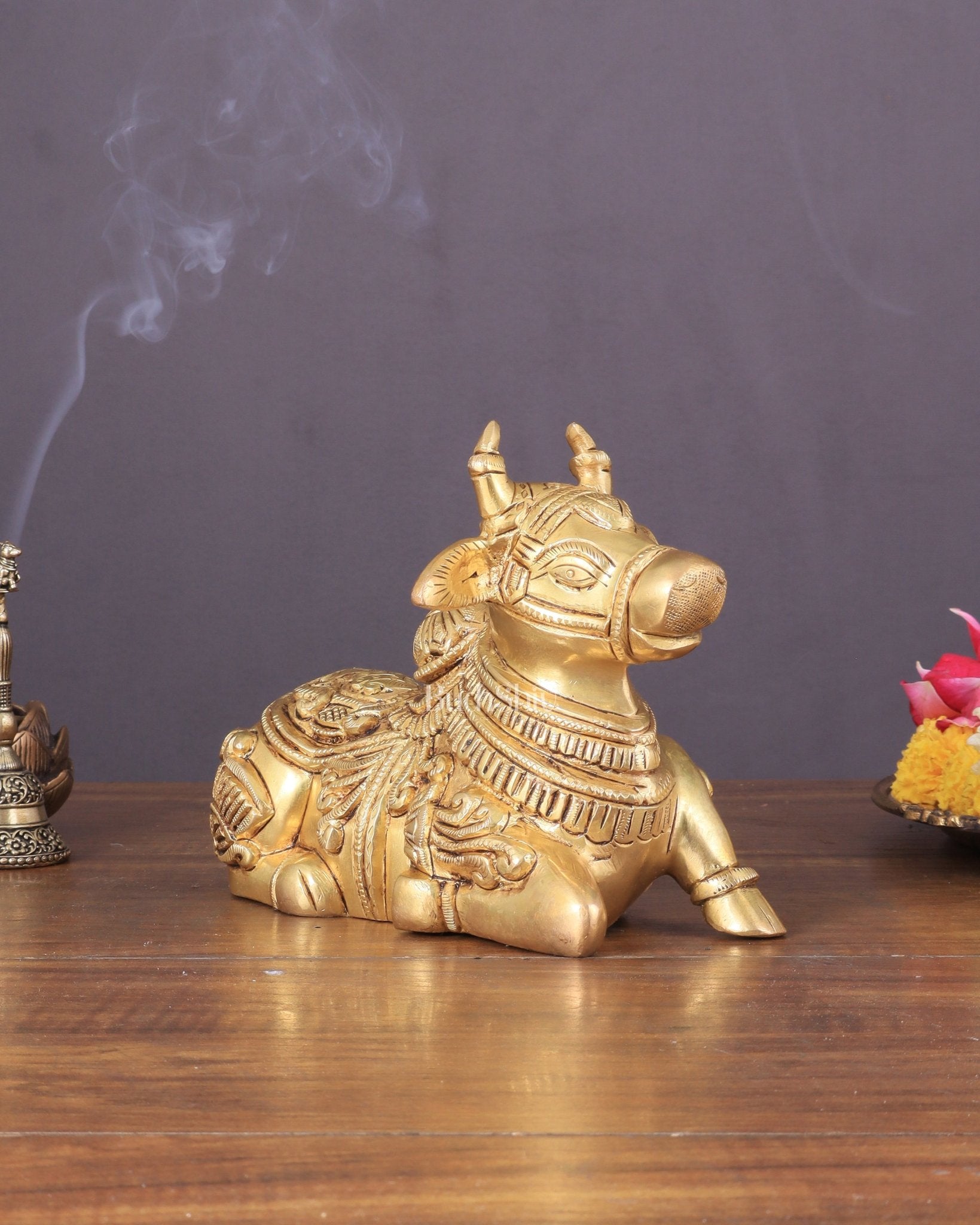 Superfine Brass Nandi engraved 8" wide - Budhshiv.com
