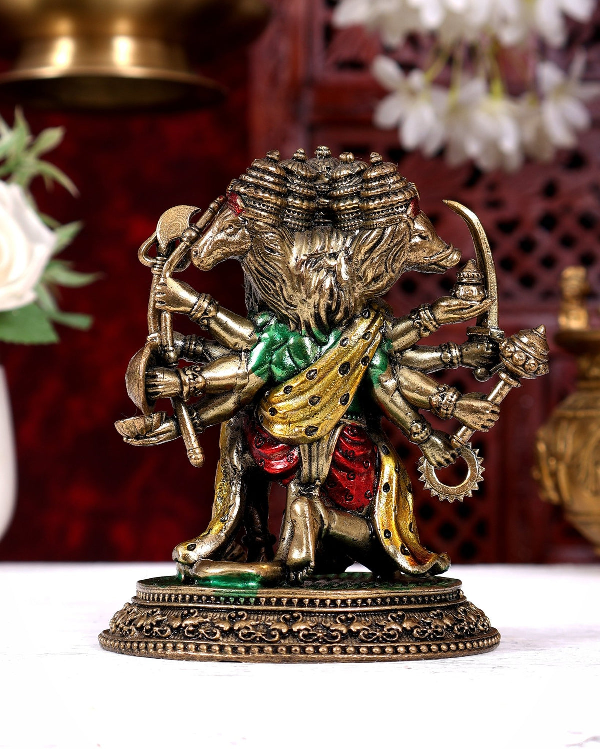 Superfine Brass Panchmukhi Hanuman Idol - 6 inch handpainted - Budhshiv.com