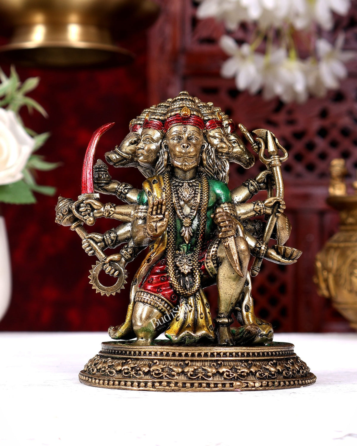 Superfine Brass Panchmukhi Hanuman Idol - 6 inch handpainted - Budhshiv.com