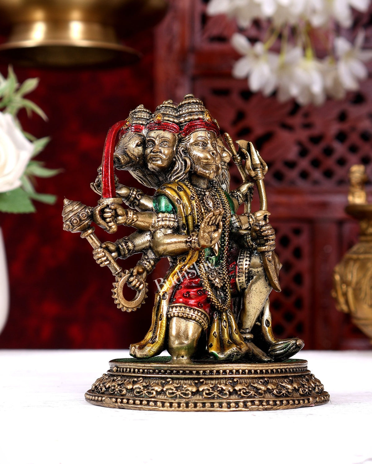 Superfine Brass Panchmukhi Hanuman Idol - 6 inch handpainted - Budhshiv.com