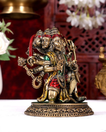 Superfine Brass Panchmukhi Hanuman Idol - 6 inch handpainted - Budhshiv.com