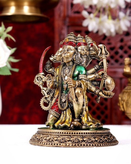 Superfine Brass Panchmukhi Hanuman Idol - 6 inch handpainted - Budhshiv.com