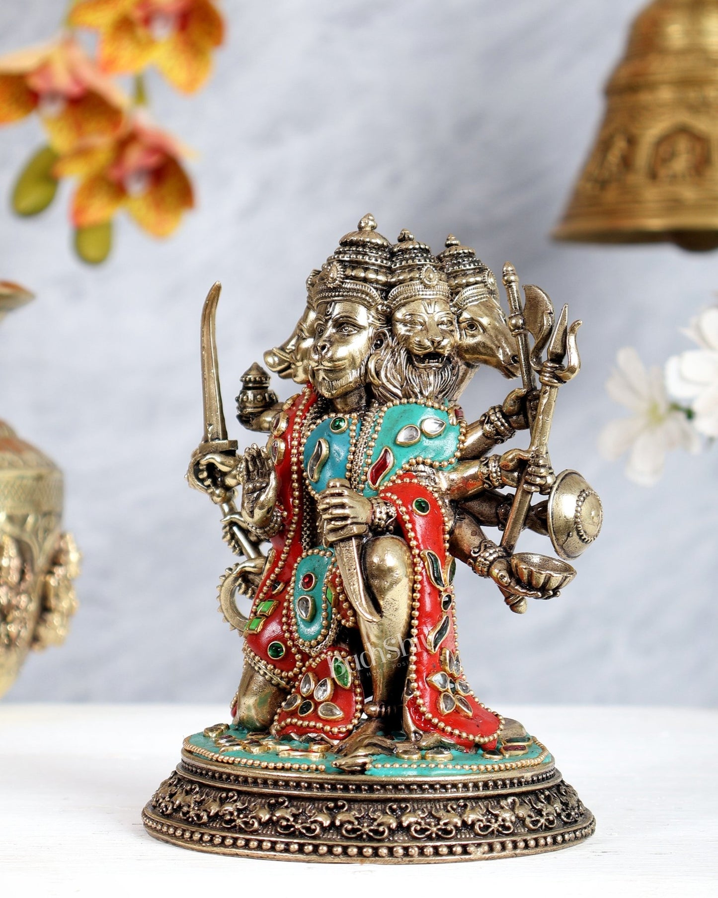 Superfine Brass Panchmukhi Hanuman Idol - 6" Tall meenakari - Budhshiv.com