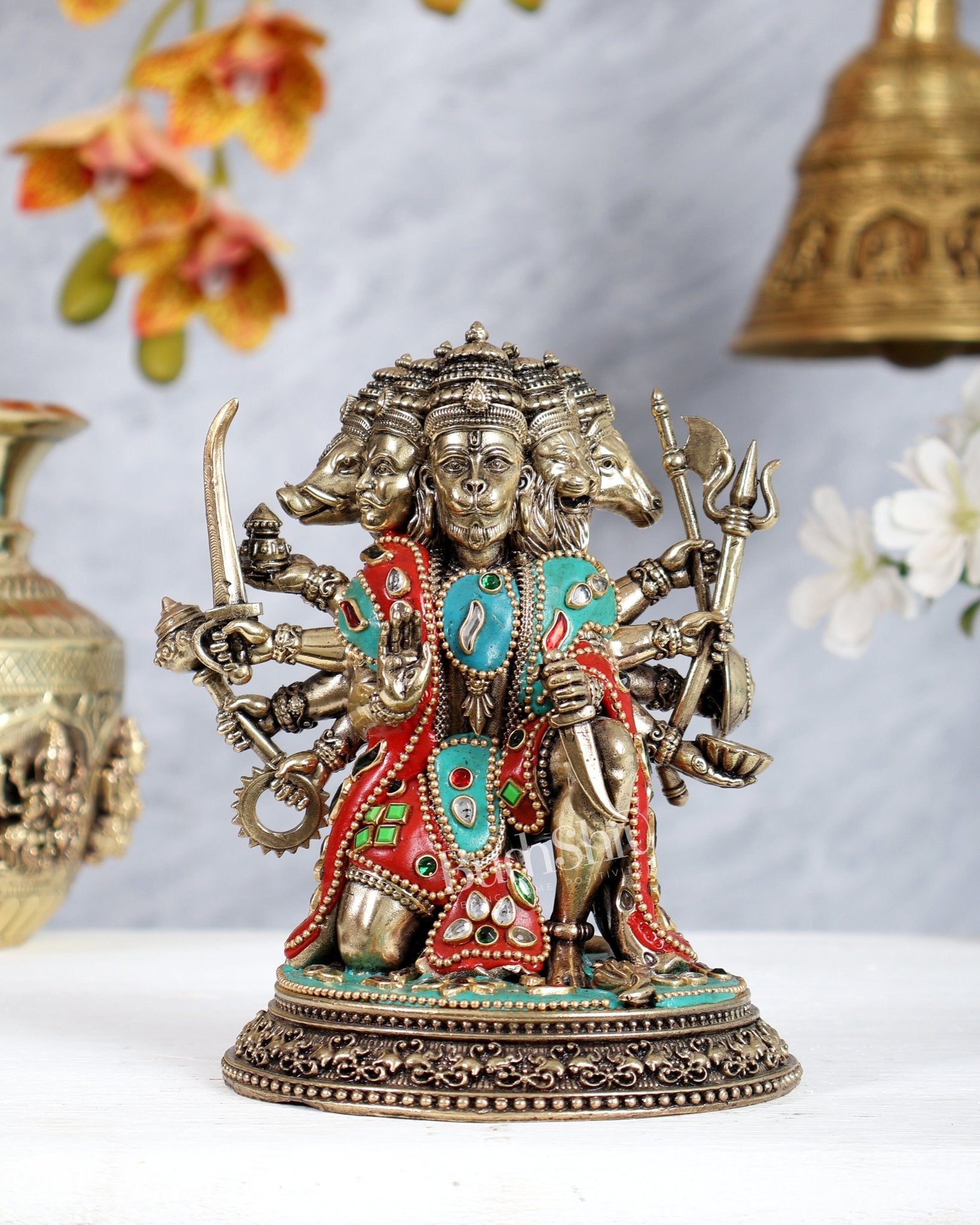 Superfine Brass Panchmukhi Hanuman Idol - 6" Tall meenakari - Budhshiv.com
