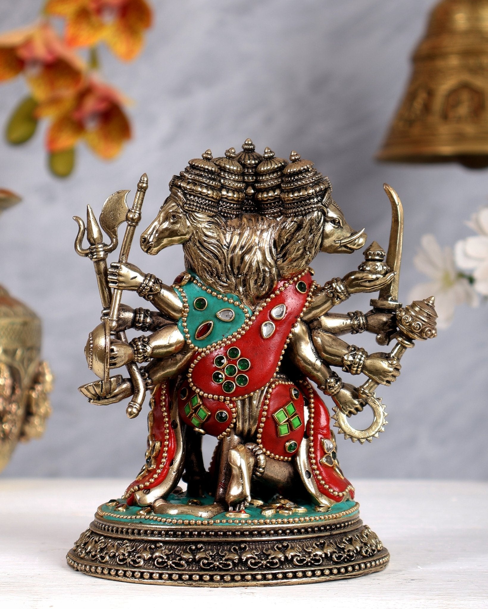 Superfine Brass Panchmukhi Hanuman Idol - 6" Tall meenakari - Budhshiv.com