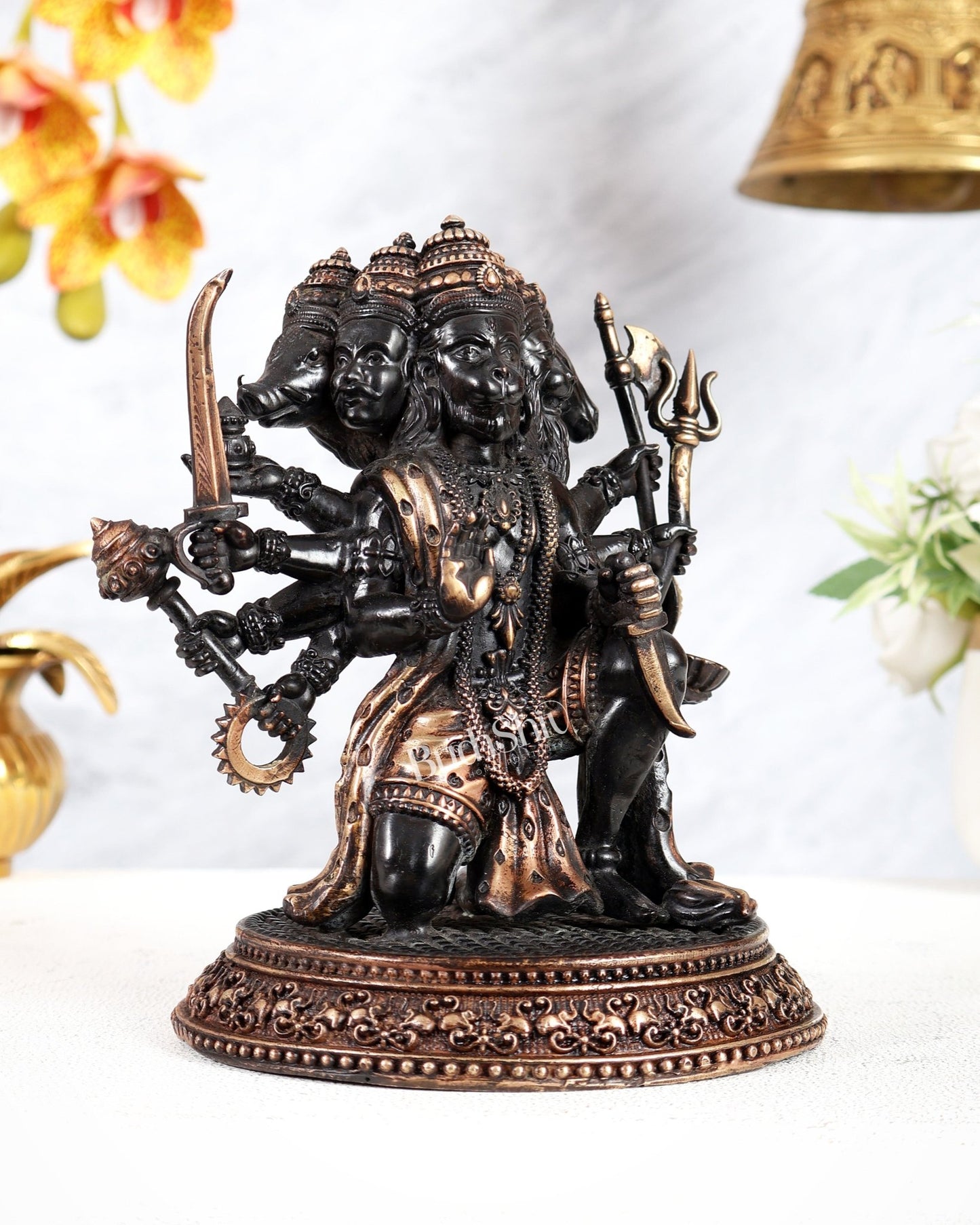 Superfine Brass Panchmukhi Hanuman Idol - 7 inch black tone - Budhshiv.com