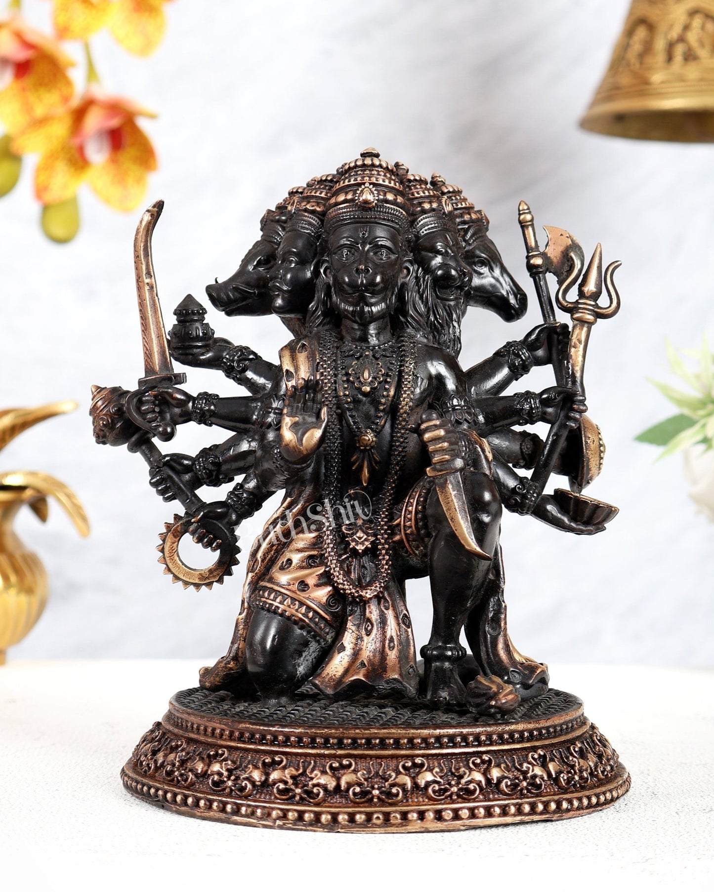 Superfine Brass Panchmukhi Hanuman Idol - 7 inch black tone - Budhshiv.com