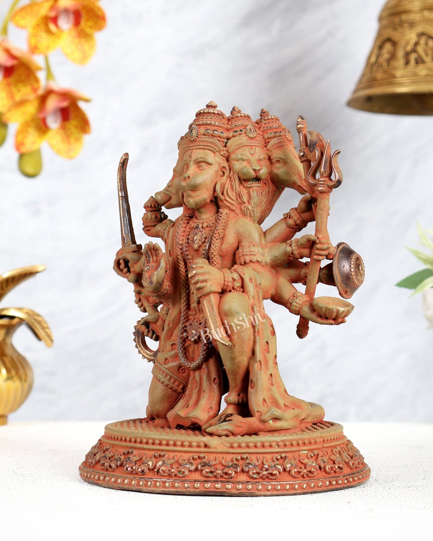 Superfine Brass Panchmukhi Hanuman Idol - 7 inch sand finish green - Budhshiv.com