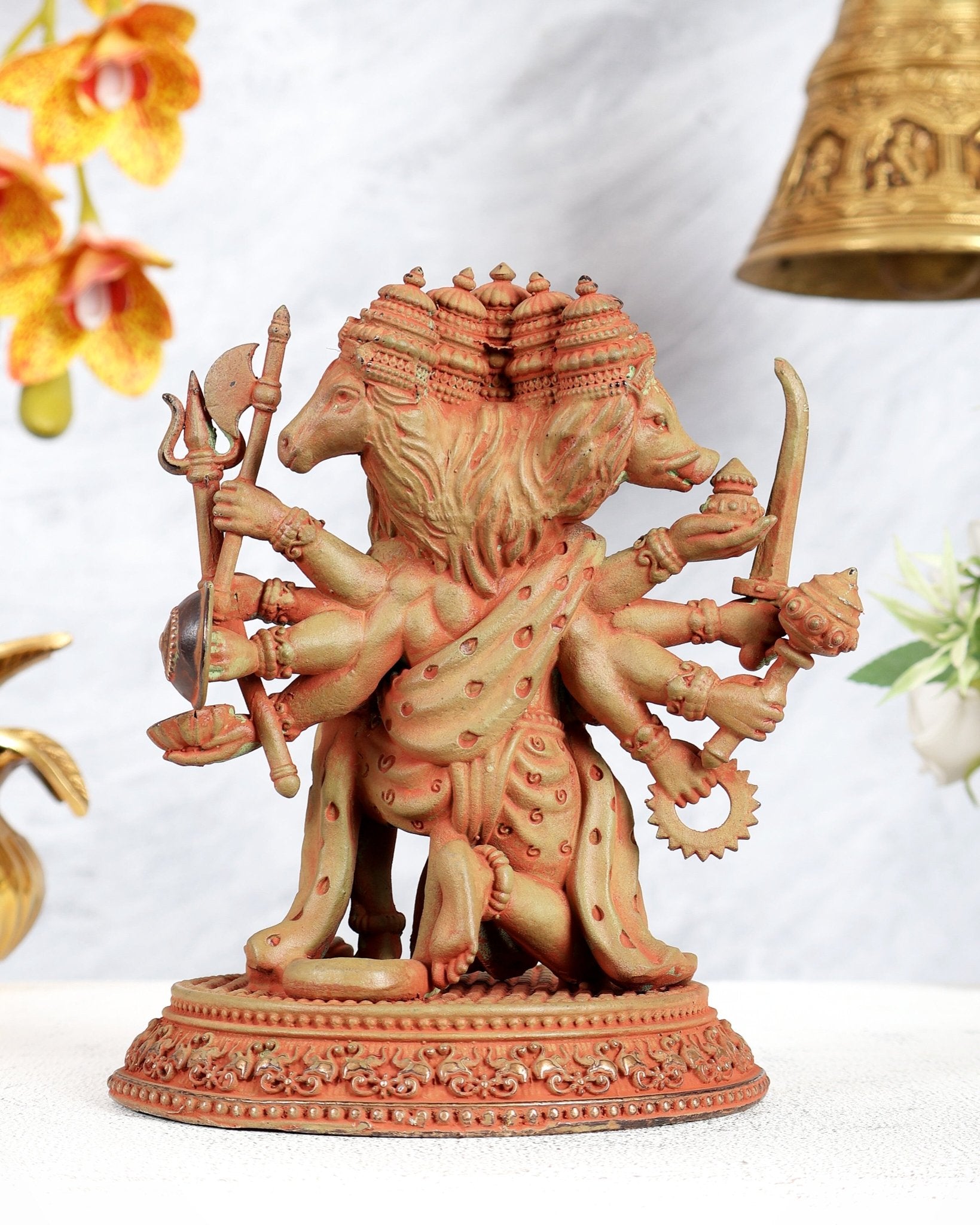 Superfine Brass Panchmukhi Hanuman Idol - 7 inch sand finish green - Budhshiv.com