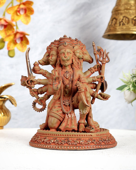 Superfine Brass Panchmukhi Hanuman Idol - 7 inch sand finish green - Budhshiv.com