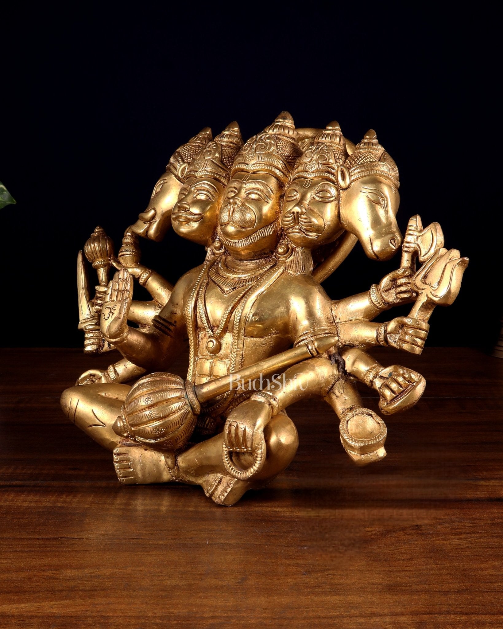Superfine Brass Panchmukhi Hanuman with Crossed Legs 9.5" - Budhshiv.com
