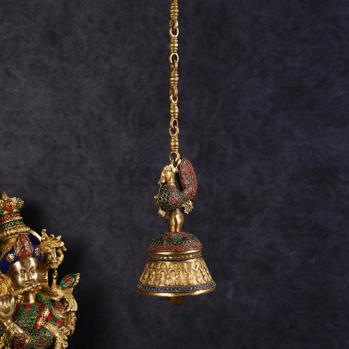 Superfine Brass Peacock Bell with Stonework | 8 inch Height - Budhshiv.com