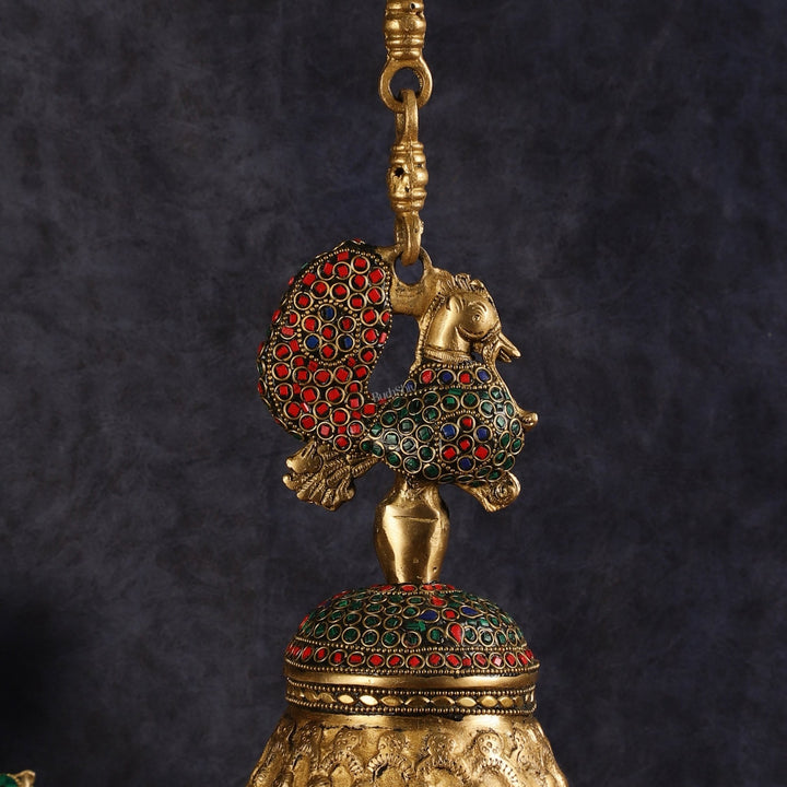 Superfine Brass Peacock Bell with Stonework | 8 inch Height - Budhshiv.com