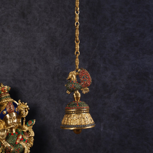 Superfine Brass Peacock Bell with Stonework | 8 inch Height - Budhshiv.com