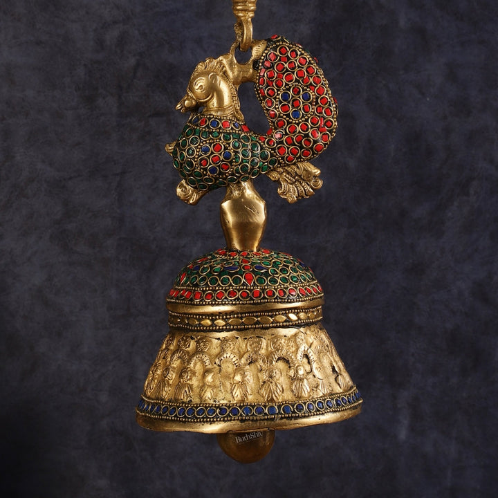 Superfine Brass Peacock Bell with Stonework | 8 inch Height - Budhshiv.com