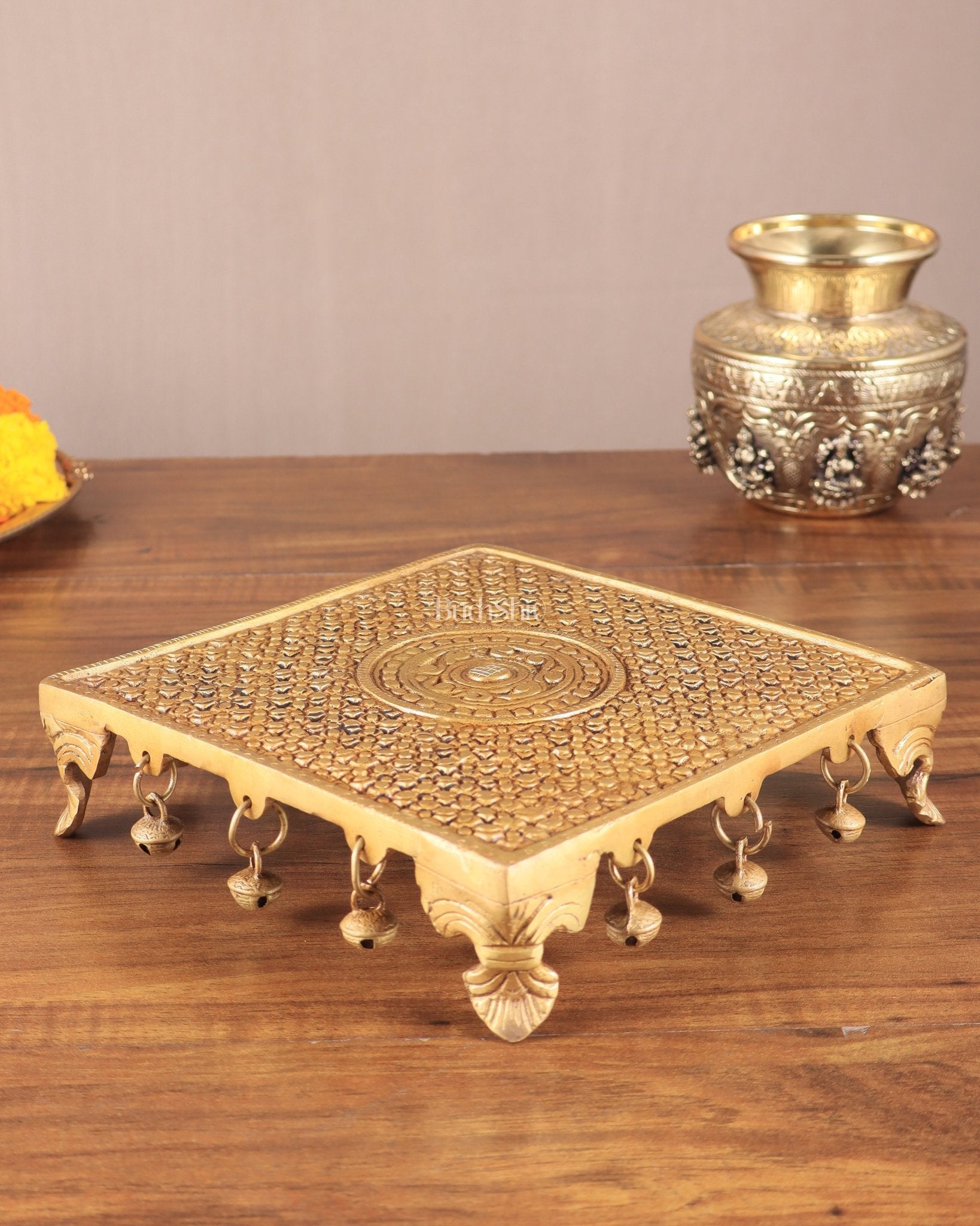 Superfine Brass Pooja Chowki Aasan with ghungroo for Temple - 8 x 8 inch - Budhshiv.com