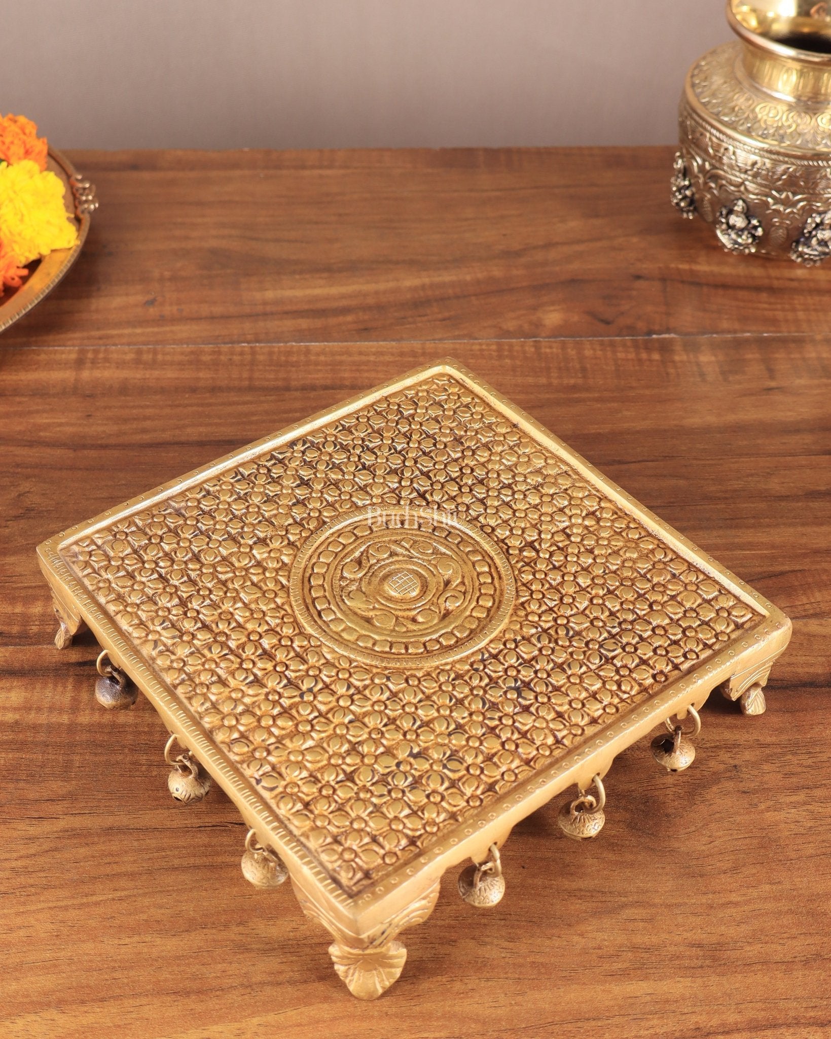 Superfine Brass Pooja Chowki Aasan with ghungroo for Temple - 8 x 8 inch - Budhshiv.com