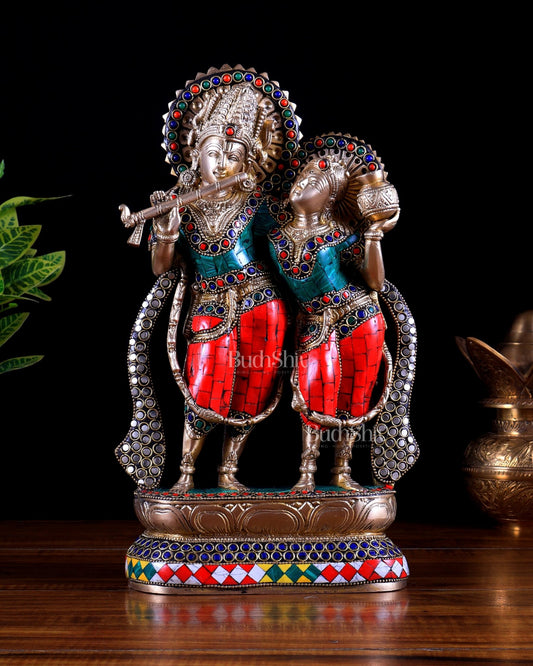 Superfine Brass Radha Krishna Idol - 12 Inch Stonework - Budhshiv.com