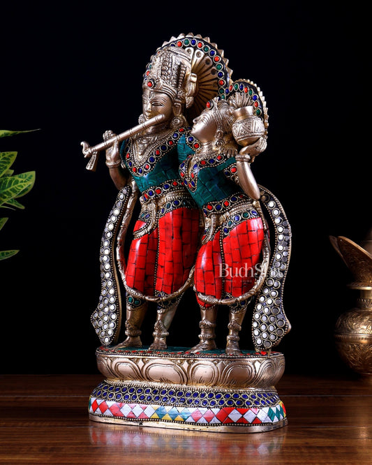 Superfine Brass Radha Krishna Idol - 12 Inch Stonework - Budhshiv.com