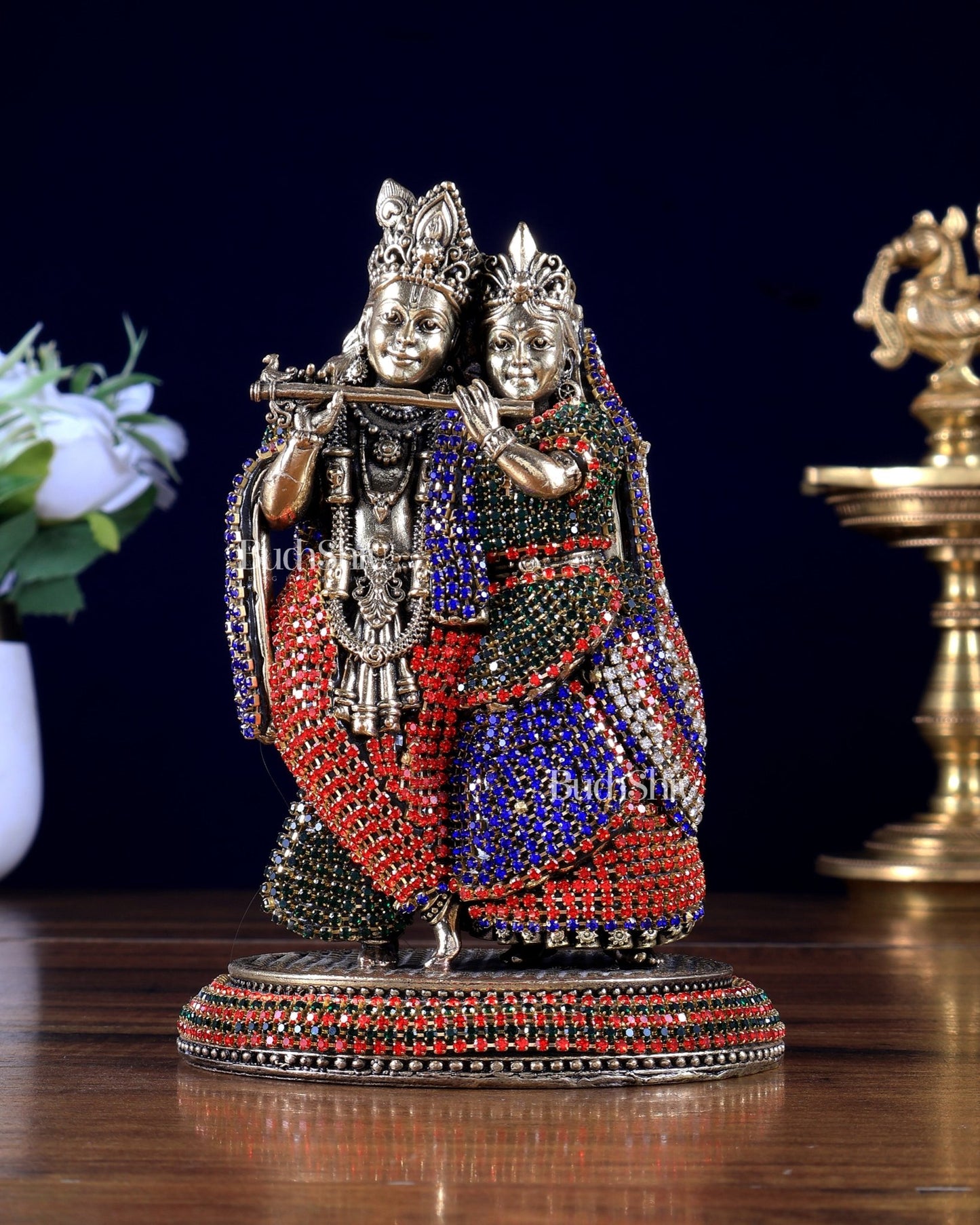 Superfine Brass Radha Krishna Idol - 6" jewellery work - Budhshiv.com