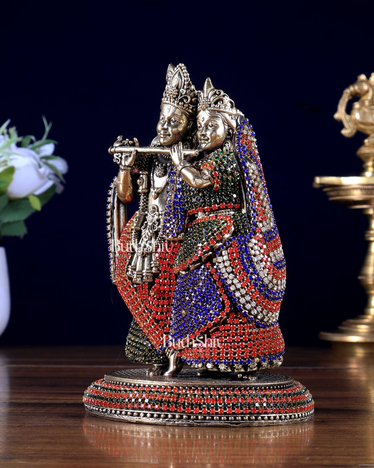 Superfine Brass Radha Krishna Idol - 6" jewellery work - Budhshiv.com