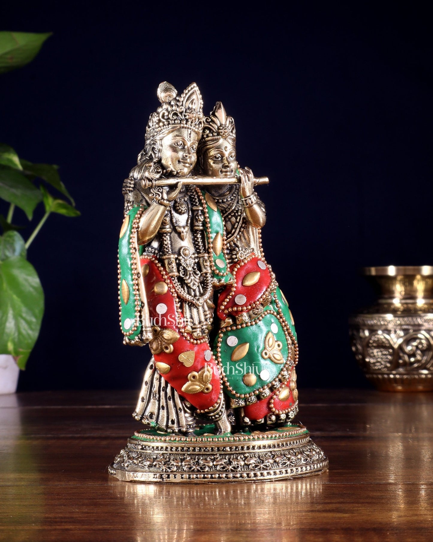Superfine Brass Radha Krishna Idol - 6" with meenakari - Budhshiv.com