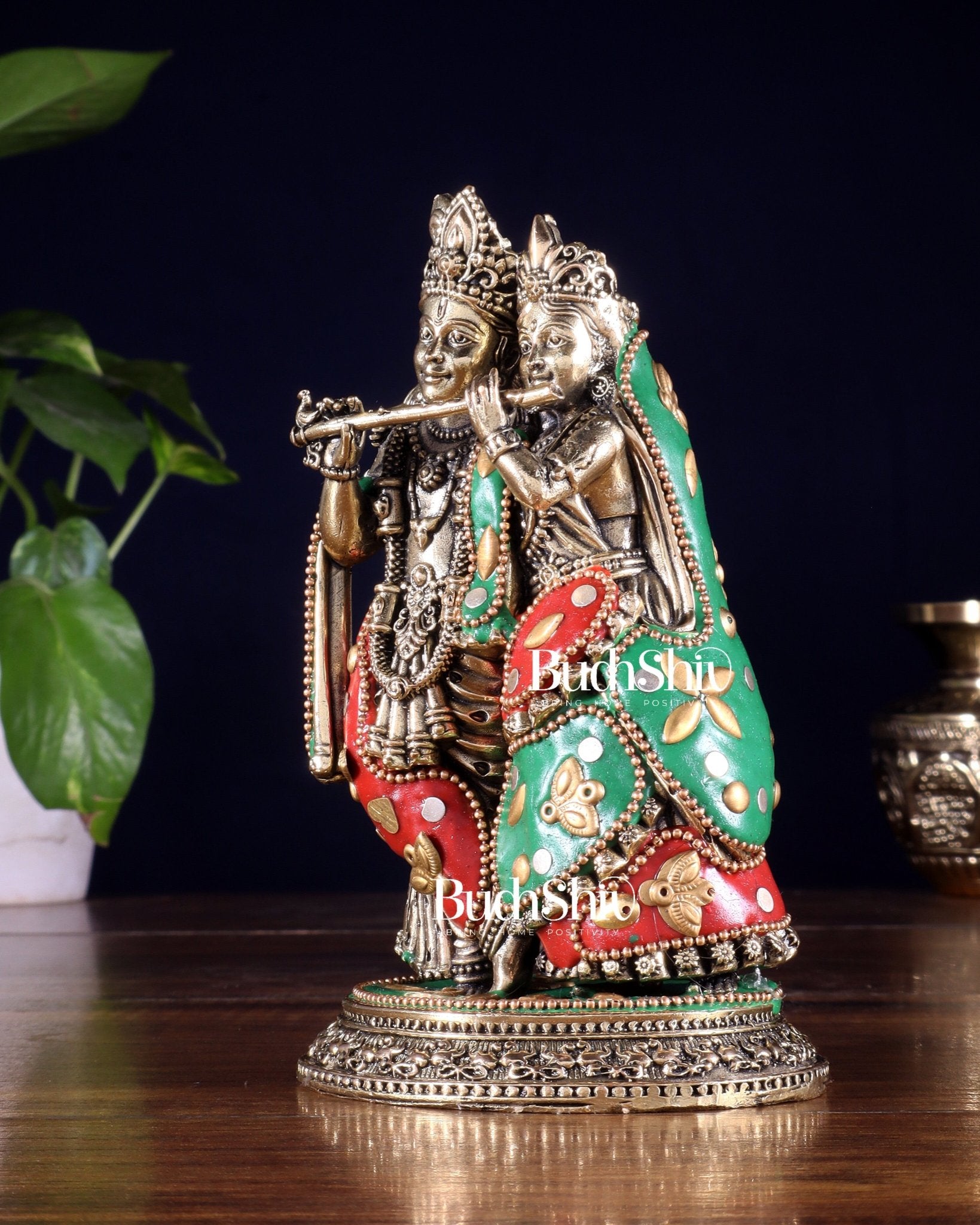 Superfine Brass Radha Krishna Idol - 6" with meenakari - Budhshiv.com