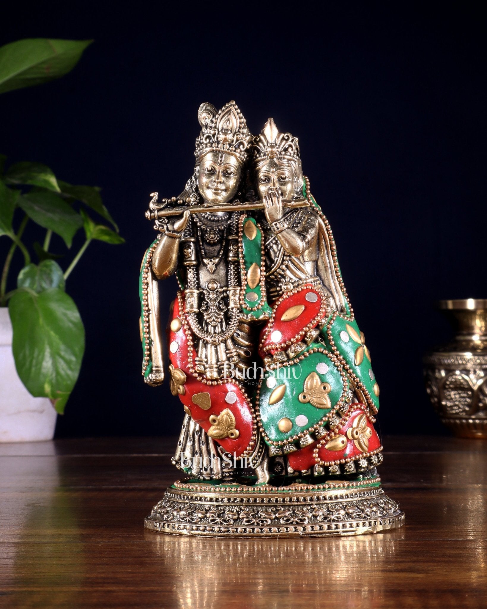 Superfine Brass Radha Krishna Idol - 6" with meenakari - Budhshiv.com