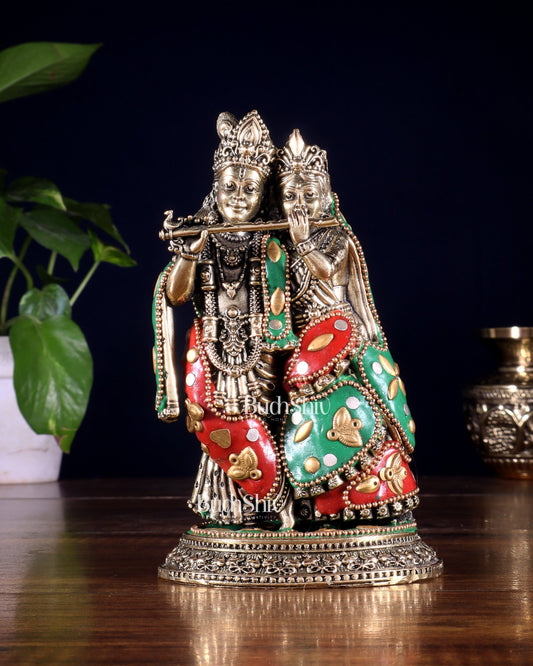 Superfine Brass Radha Krishna Idol - 6" with meenakari - Budhshiv.com