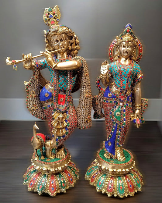 Superfine Brass Radha Krishna Idols with Meenakari Stonework 27" - Budhshiv.com
