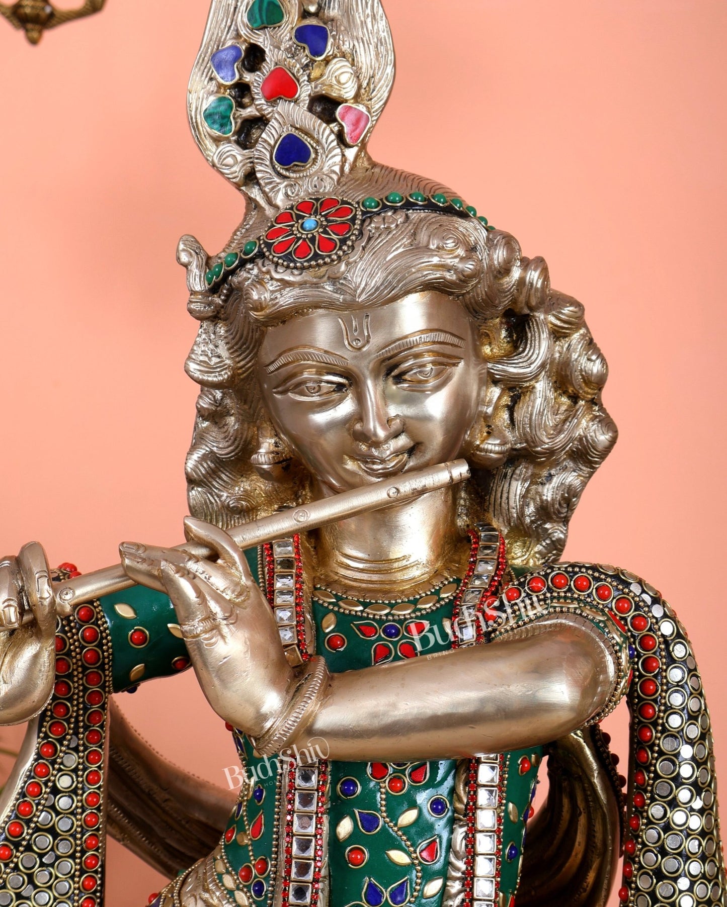 Superfine Brass Radha Krishna Idols with Meenakari Stonework 27" - Budhshiv.com