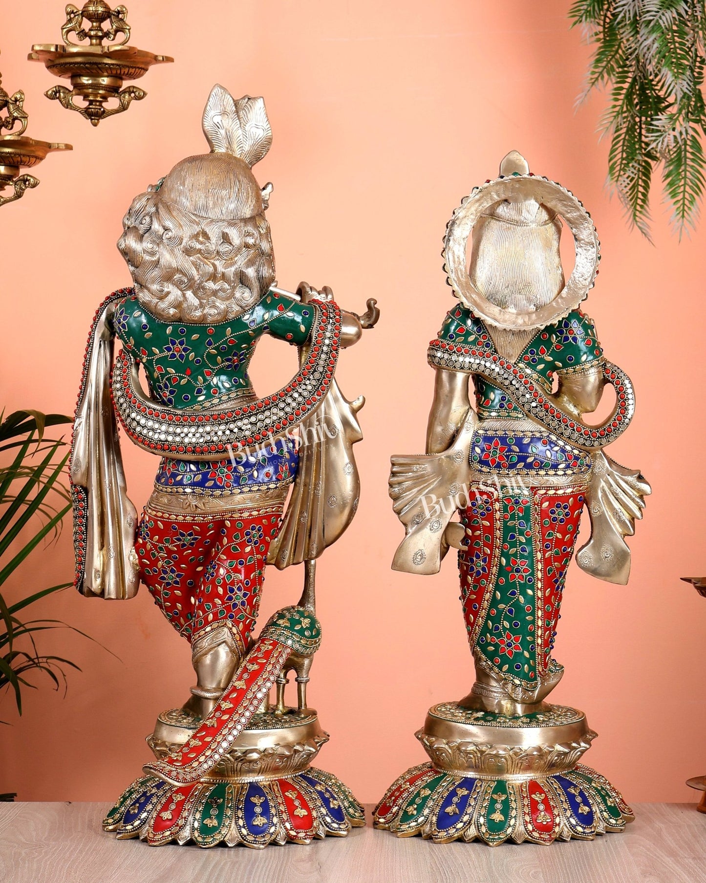 Superfine Brass Radha Krishna Idols with Meenakari Stonework 27" - Budhshiv.com