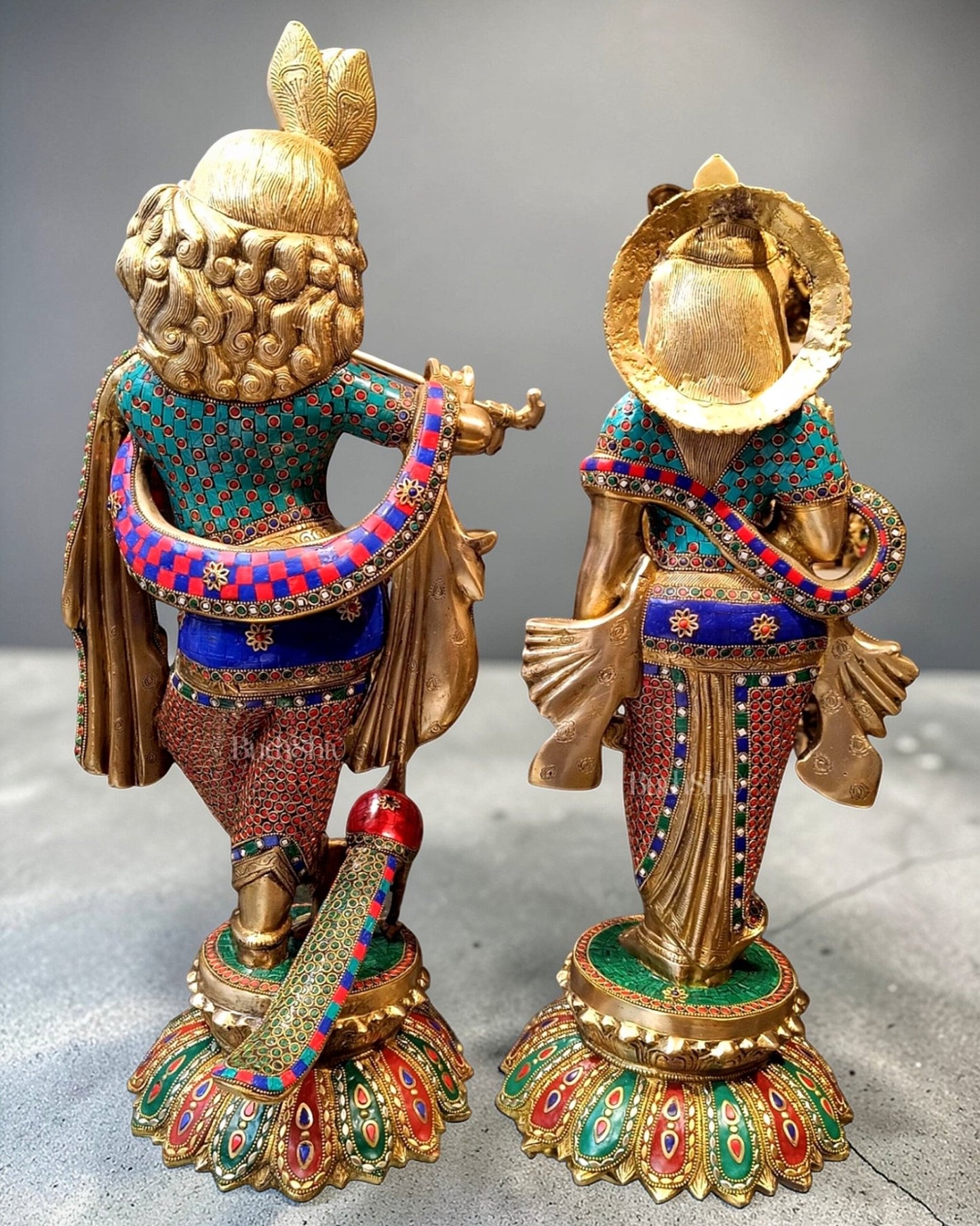 Superfine Brass Radha Krishna Idols with Meenakari Stonework 27" - Budhshiv.com