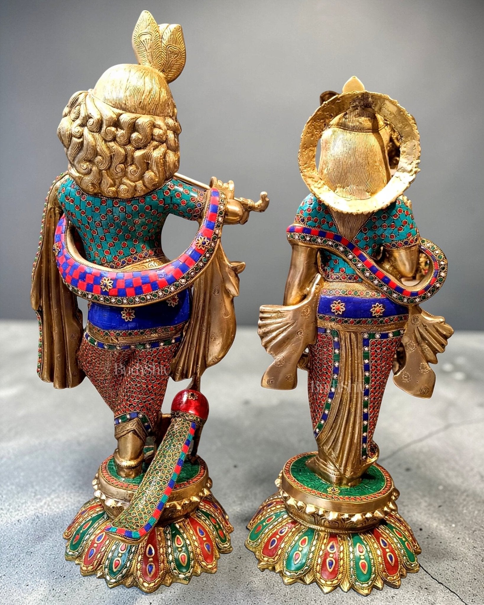 Superfine Brass Radha Krishna Idols with Meenakari Stonework 27" - Budhshiv.com