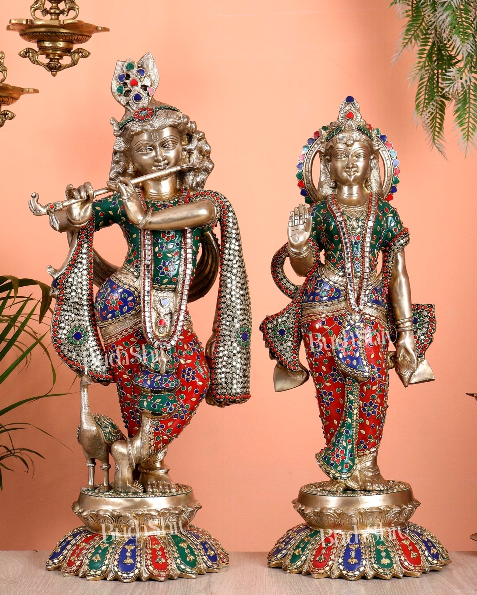 Superfine Brass Radha Krishna Idols with Meenakari Stonework 27" - Budhshiv.com