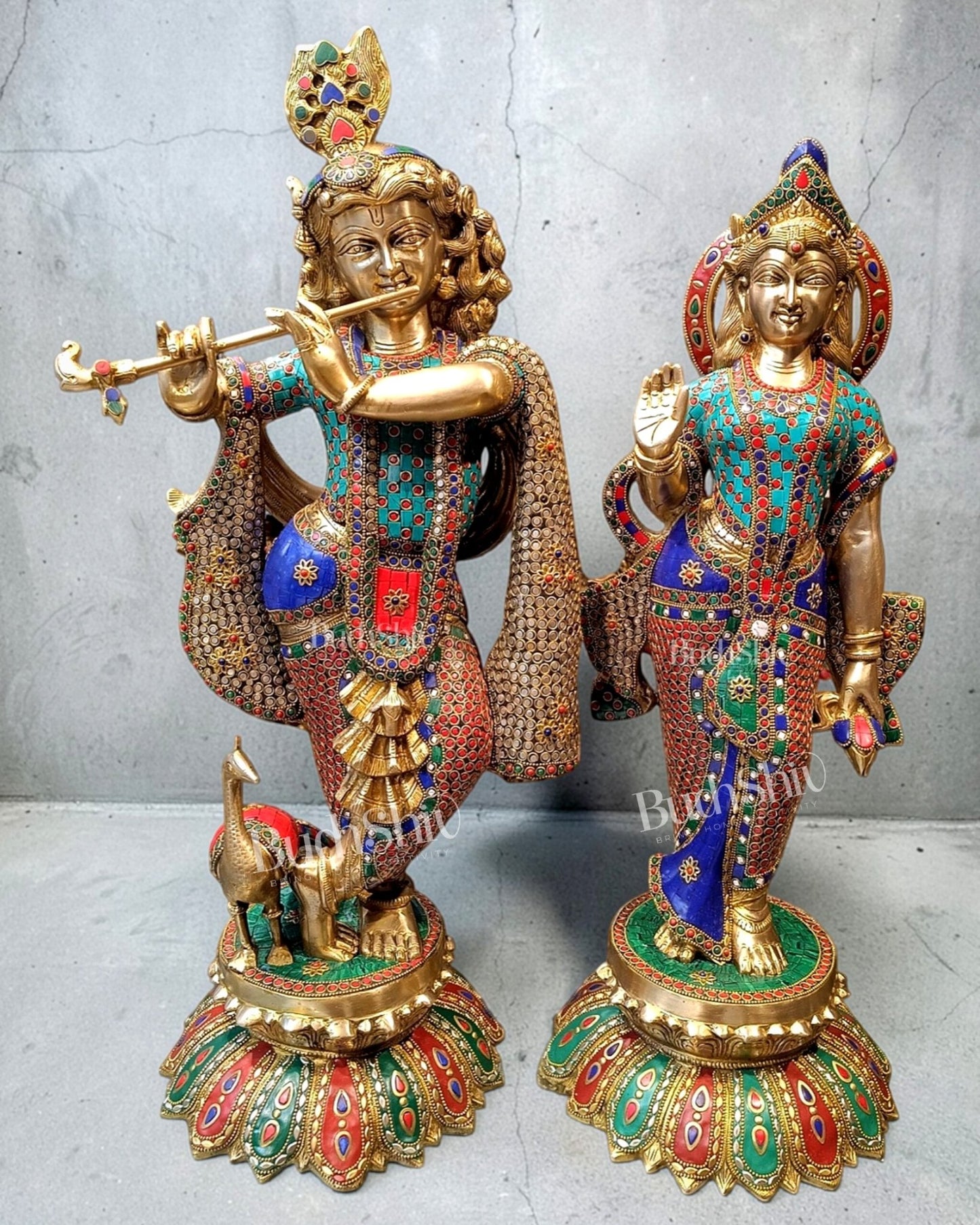 Superfine Brass Radha Krishna Idols with Meenakari Stonework 27" - Budhshiv.com