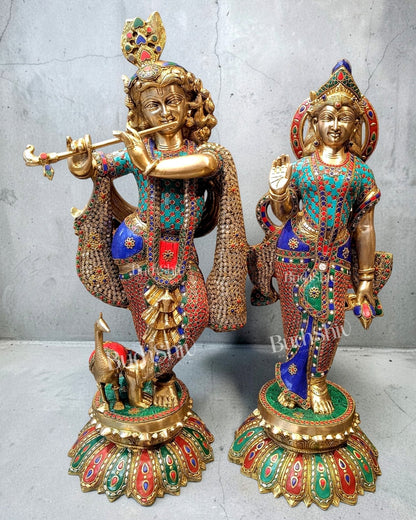 Superfine Brass Radha Krishna Idols with Meenakari Stonework 27" - Budhshiv.com