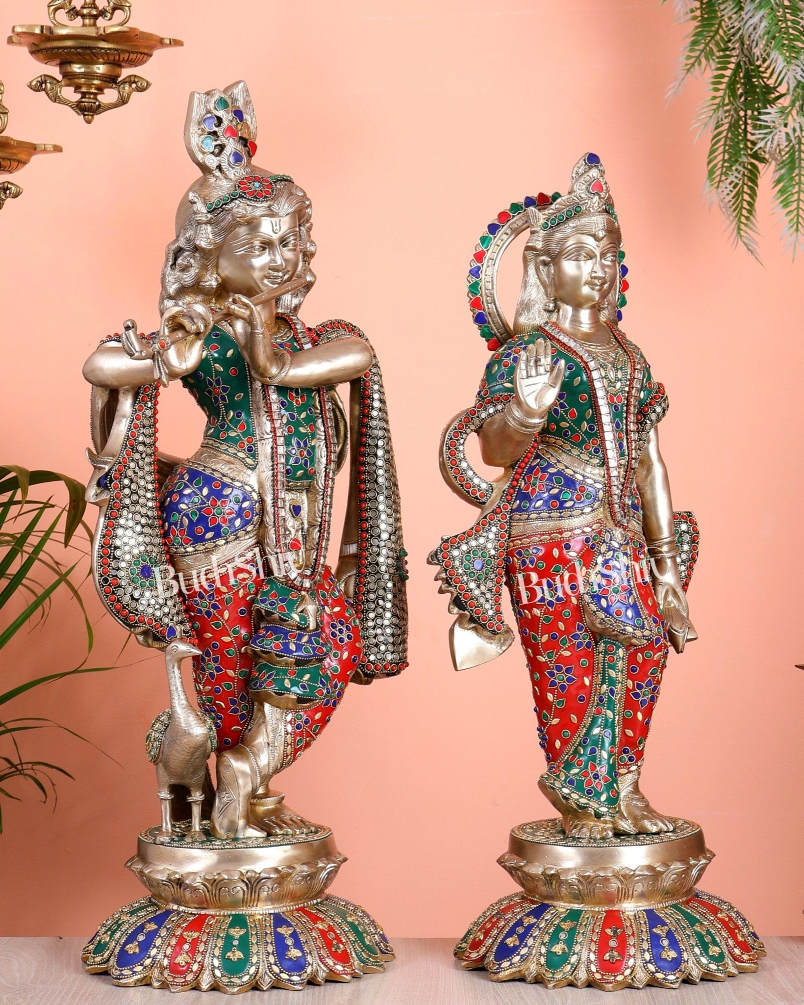 Superfine Brass Radha Krishna Idols with Meenakari Stonework 27" - Budhshiv.com