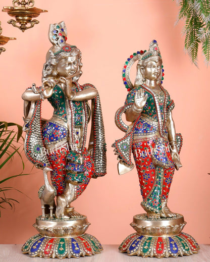 Superfine Brass Radha Krishna Idols with Meenakari Stonework 27" - Budhshiv.com