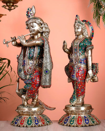 Superfine Brass Radha Krishna Idols with Meenakari Stonework 27" - Budhshiv.com