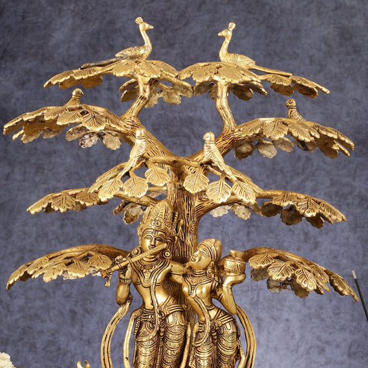 Superfine Brass Radha Krishna Statue with Cow under Tree 20 inch - Budhshiv.com