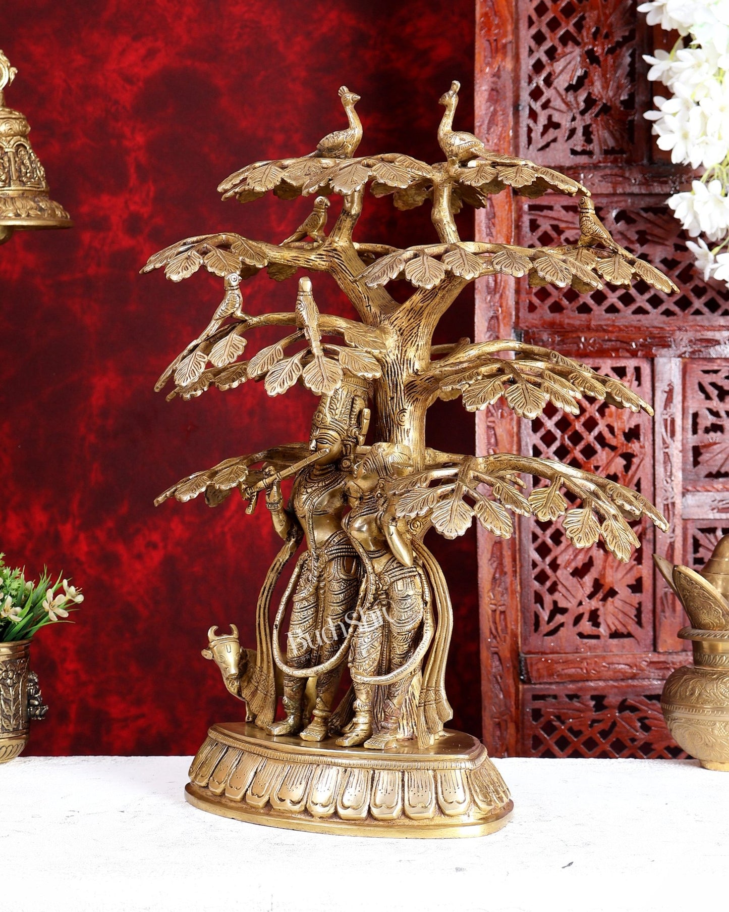 Superfine Brass Radha Krishna Statue with Cow under Tree 20 inch - Budhshiv.com