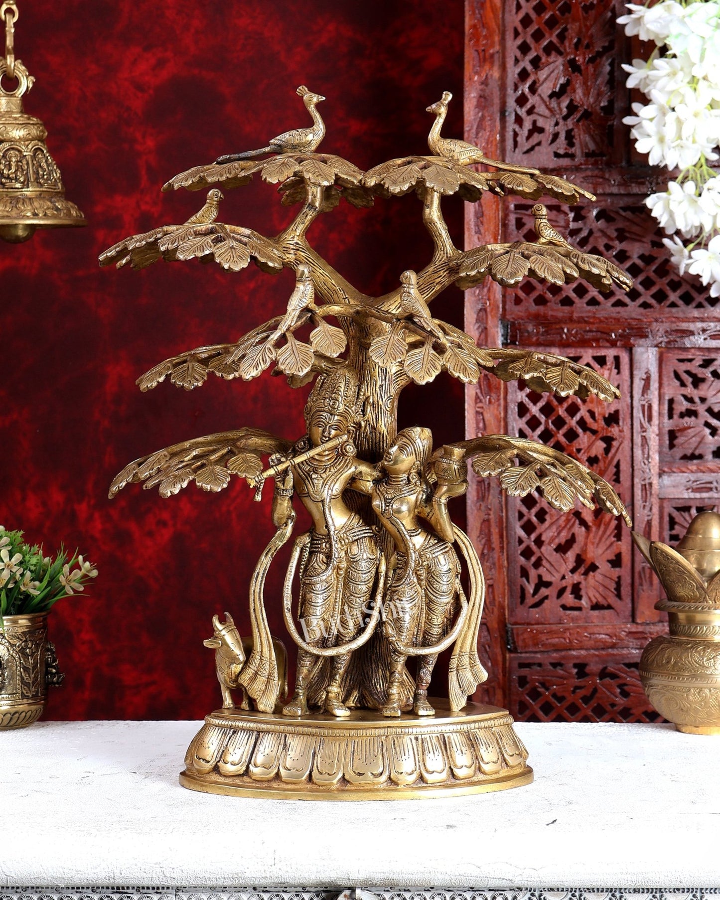 Superfine Brass Radha Krishna Statue with Cow under Tree 20 inch - Budhshiv.com