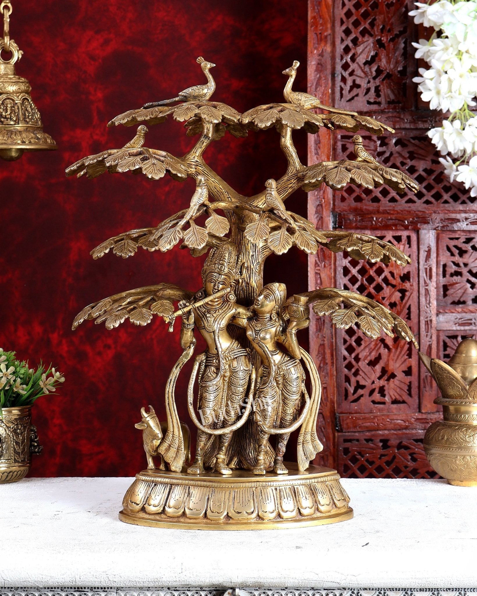 Superfine Brass Radha Krishna Statue with Cow under Tree 20 inch - Budhshiv.com