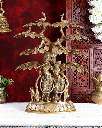 Superfine Brass Radha Krishna Statue with Cow under Tree 20 inch - Budhshiv.com